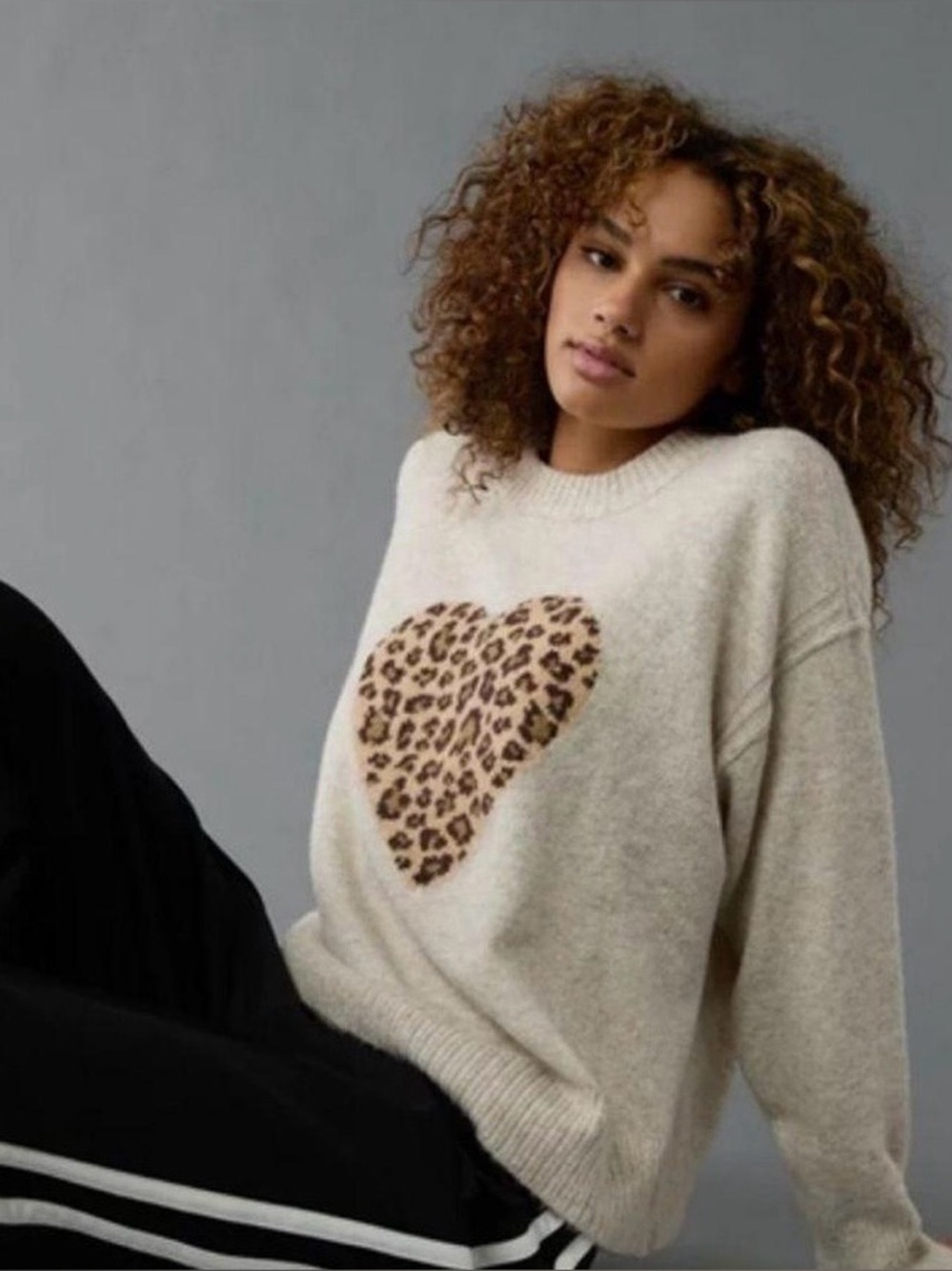 Anerican Eagle Cream Leopard Heart Crewneck Sweater - Women